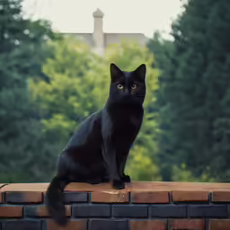 a black cat is sitting on a brick wall
