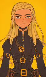 the character in black with blonde hair and a yellow background