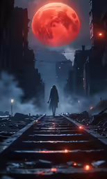a woman walking down a street at night in the background are red lights