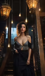 woman in evening dress standing underneath four hanging lamps