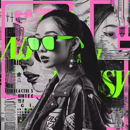 an abstract drawing of a woman wearing sunglasses and a jacket,a woman wearing neon green glasses standing next to a man