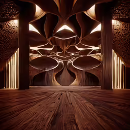 a large wooden floor with a row of lights in the middle
