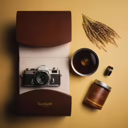 the krocak camera and other items are on display next to it