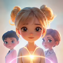 the princesses in a futuristic avatar, staring intently at the camera