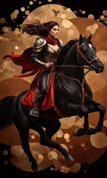 the painting shows a beautiful young woman dressed in medieval fashion riding a horse