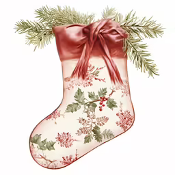 a christmas stocking with holly leaves and ribbon