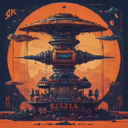the sci - fi art of patrick kroll,artwork of spaceships on a futuristic city on an orange background