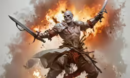 a demon with two arms outstretched, holding two swords