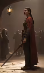 a woman in the dark with a sword