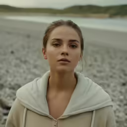 a woman stands on rocks and is looking into the distance