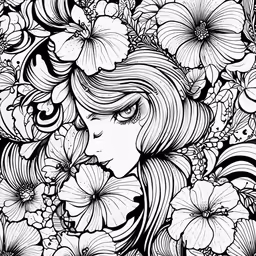 black and white drawing of flowers and leaves
