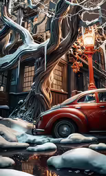 a car is parked near the street lamp in the snow