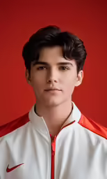 a man in white and red jacket with a red shirt