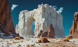 a large rock formation near the ocean and mountains