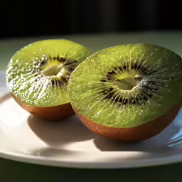 two kiwi slices with the center one half eaten on a white plate