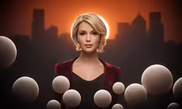 the female model stands surrounded by white balloons