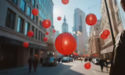 there are many red paper balls floating in the air