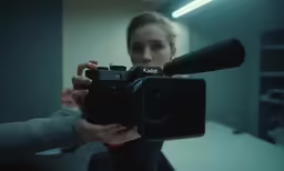 a woman holding a camera and a large tripod behind her