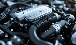 many different types of engines and hoses in an engine bay