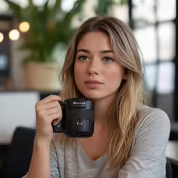 a young woman holding a camera and a coffee mug