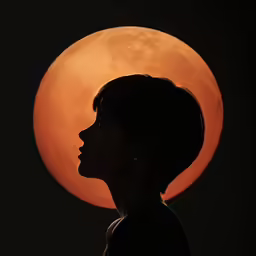 a close - up of the silhouette of a woman facing away in front of the blood red moon
