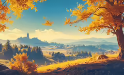 a painting of the sun setting in a forest