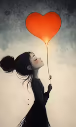 a girl with her eyes closed holding an orange heart balloon