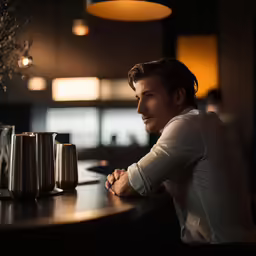 the man sitting in a bar is smiling
