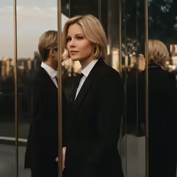 a woman in a suit is standing outside