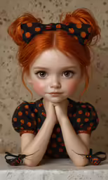an orange haired girl is sitting with her arms folded