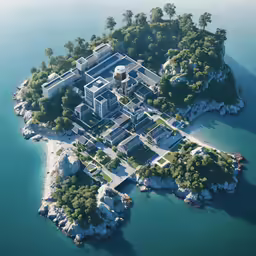 an island with many buildings on it in the ocean