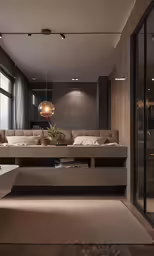 an elegant living room has a nice couch and long window