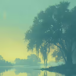 the animals are swimming in the river near a grove of trees