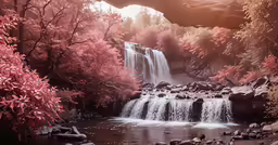 a waterfall surrounded by water and trees