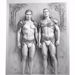 a black and white image of two naked men wearing roman clothing