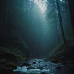 a river is coming down a narrow and misty, dark, forest