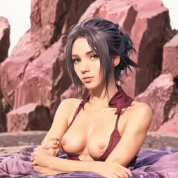 a girl with very big breast sitting in a purple bed
