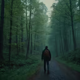 the man is walking down the path in the forest