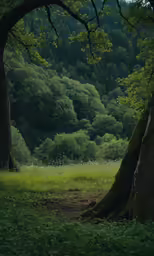 two trees in a grassy field and a dirt path