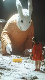 a girl is standing near a giant rabbit in an orange shirt