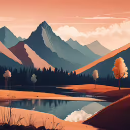 an artistic picture of trees in the mountains,a scenic landscape painting of a snowy mountain range with a lake in the foreground