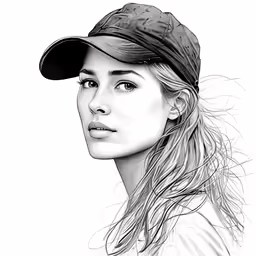 a girl wearing a baseball hat is shown in a black and white drawing