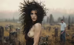 a digital photo of a naked woman standing next to a man in the field
