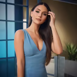 a beautiful woman in a blue dress posing for a photo