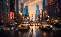 city street with cabs and lights in sunset