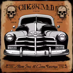 an old classic car with skulls on the side of it,an old fashioned car with skulls and other items on it