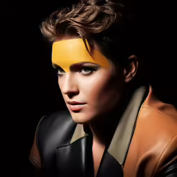 woman with yellow eyeliner and brown leather jacket