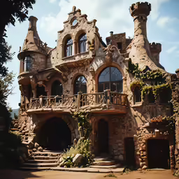 an artistic house made out of stone with staircases