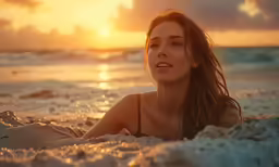 a woman laying on top of the sand with her eyes closed