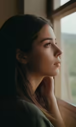 a woman is looking out of a window with trees outside